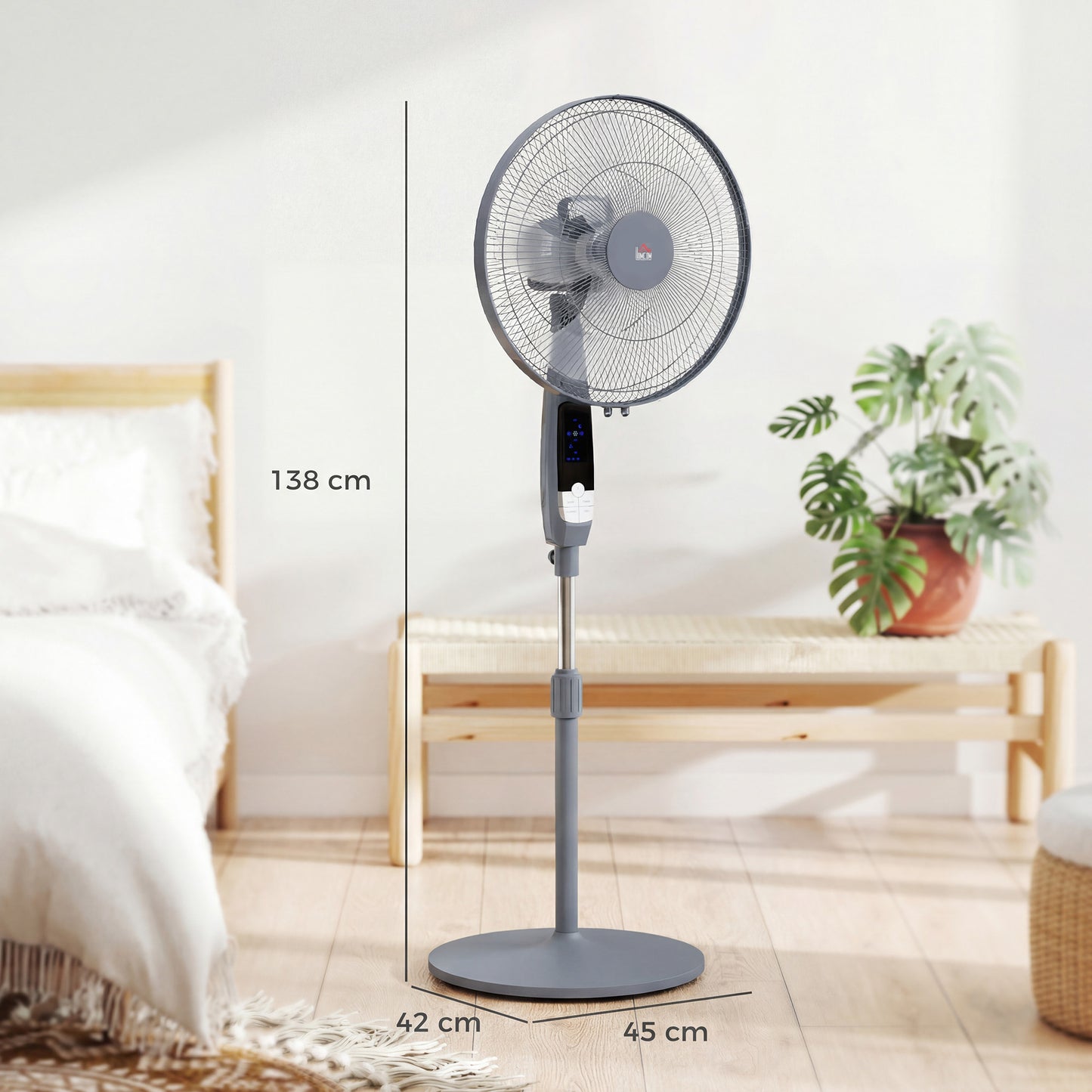 HOMCOM 16 Inch Pedestal Standing Floor Fan With Remote Control 85 Degree Oscillation 3 Speed Settings Grey