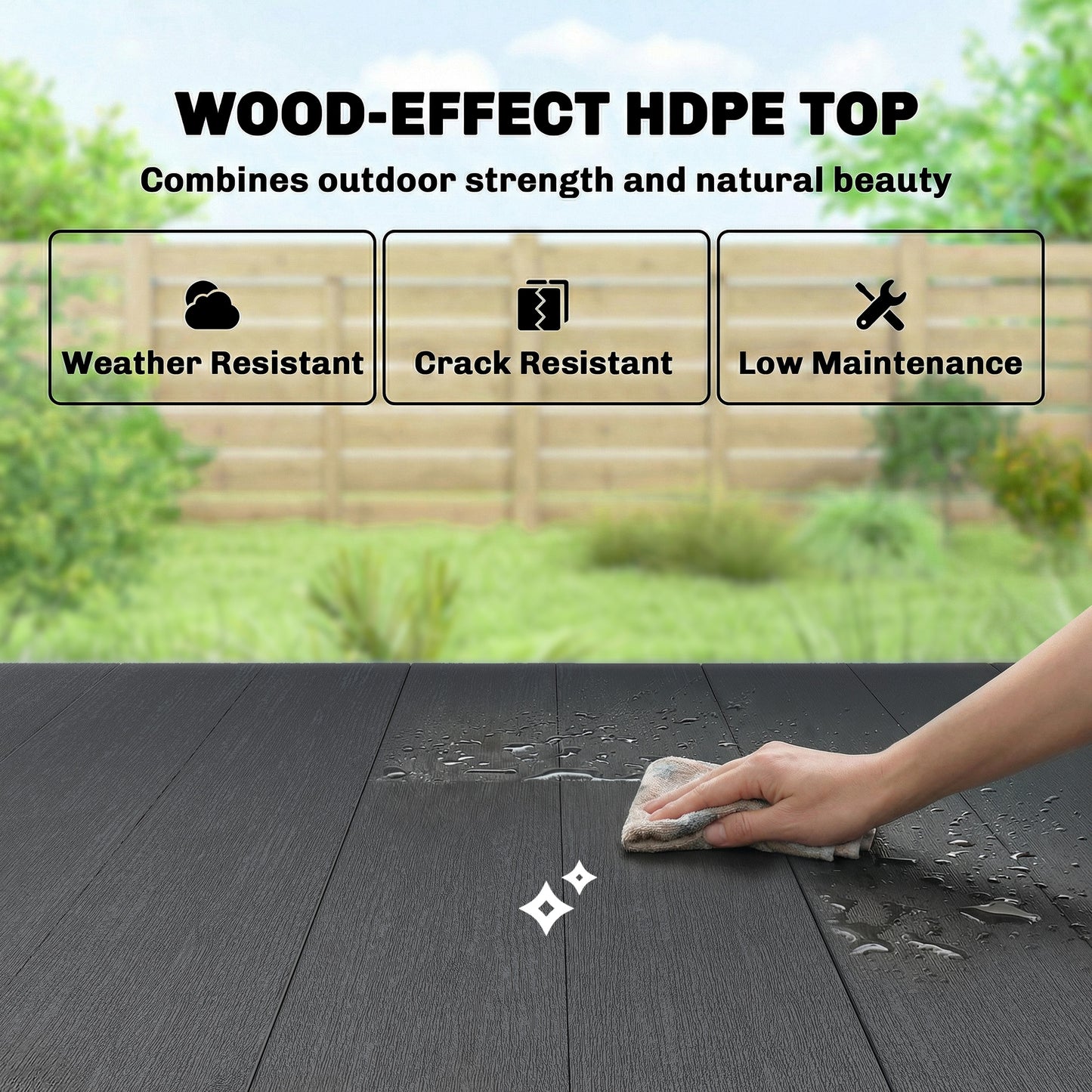Outsunny Garden Dining Table for 6 with Wood Effect HDPE Top and X Shaped Metal Legs Black