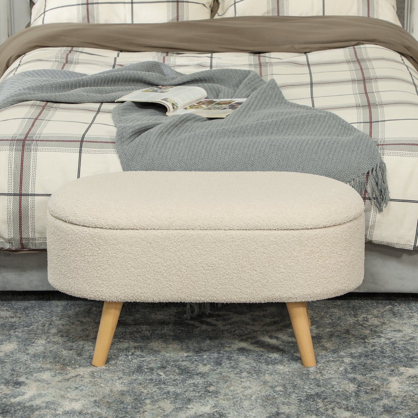 HOMCOM Teddy Fleece Storage Ottoman Cream White With 72 x 32 Cm Inner Storage And Padded Seat On Pine Wood Legs