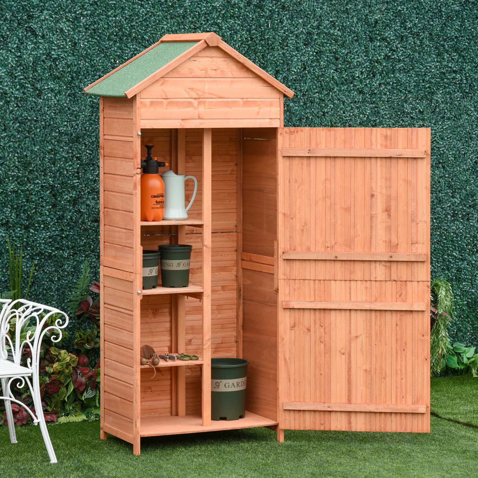 Outsunny Teak Wooden Garden Storage Shed with Apex Roof and Shelves - 89W x 50D (cm) - ALL4U RETAILER LTD