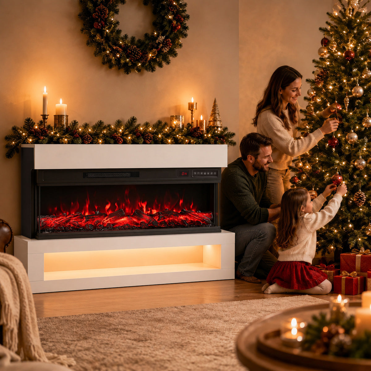 White freestanding electric fireplace with red flame display and open shelf base