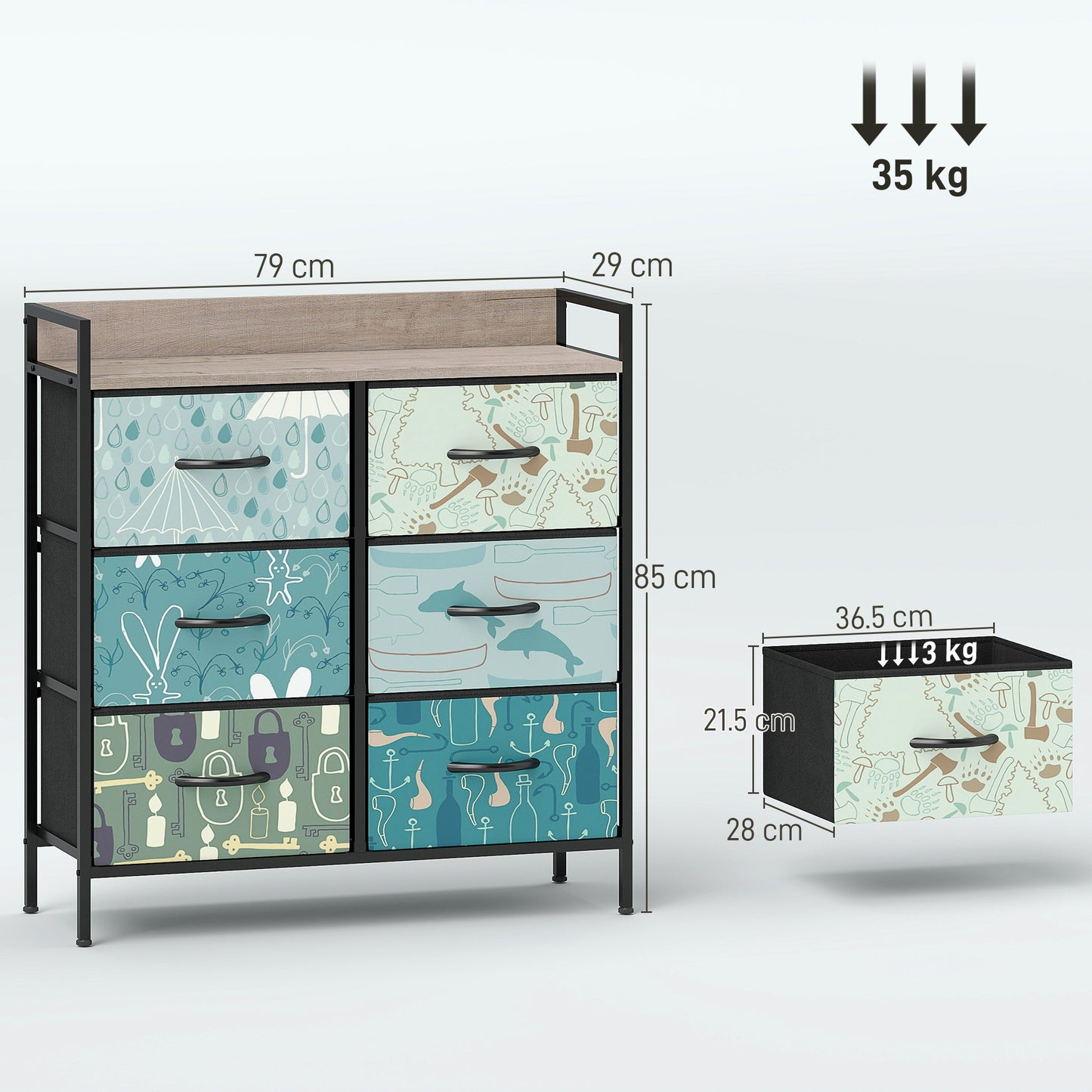 HOMCOM 6-Drawer Chest of Drawers in Blue With Removable Fabric Drawers and Patterned Panels