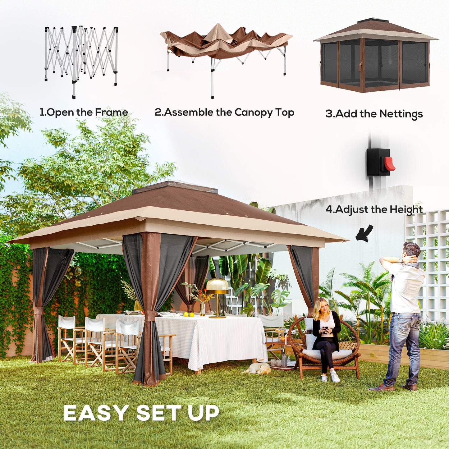 Outsunny 3.6m By 3.6m Pop Up Gazebo With Accessories Brown UPF50 Canopy Mesh Liner Adjustable Height 260 270 280 Cm