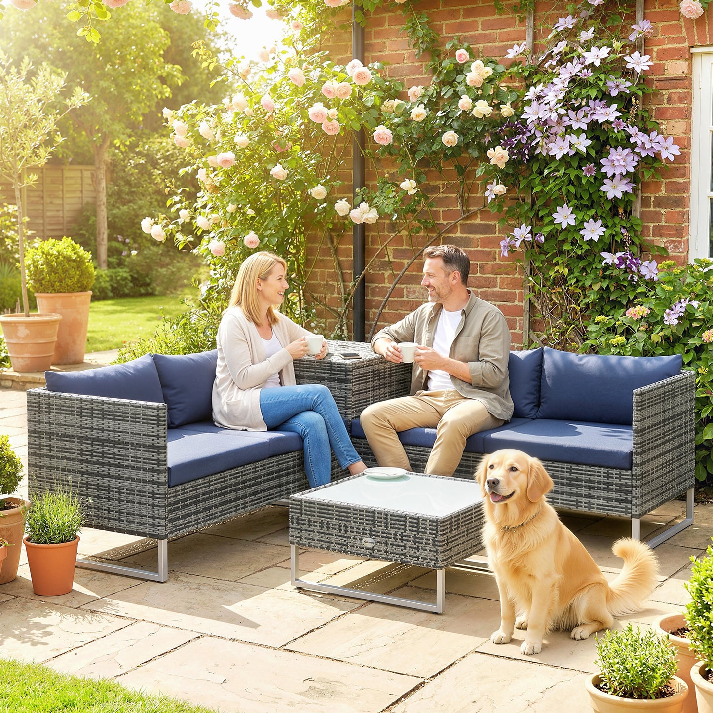 Outsunny 4 Piece Rattan Garden Furniture Set Outdoor Corner Sofa With Storage Table Cushions Dark Blue