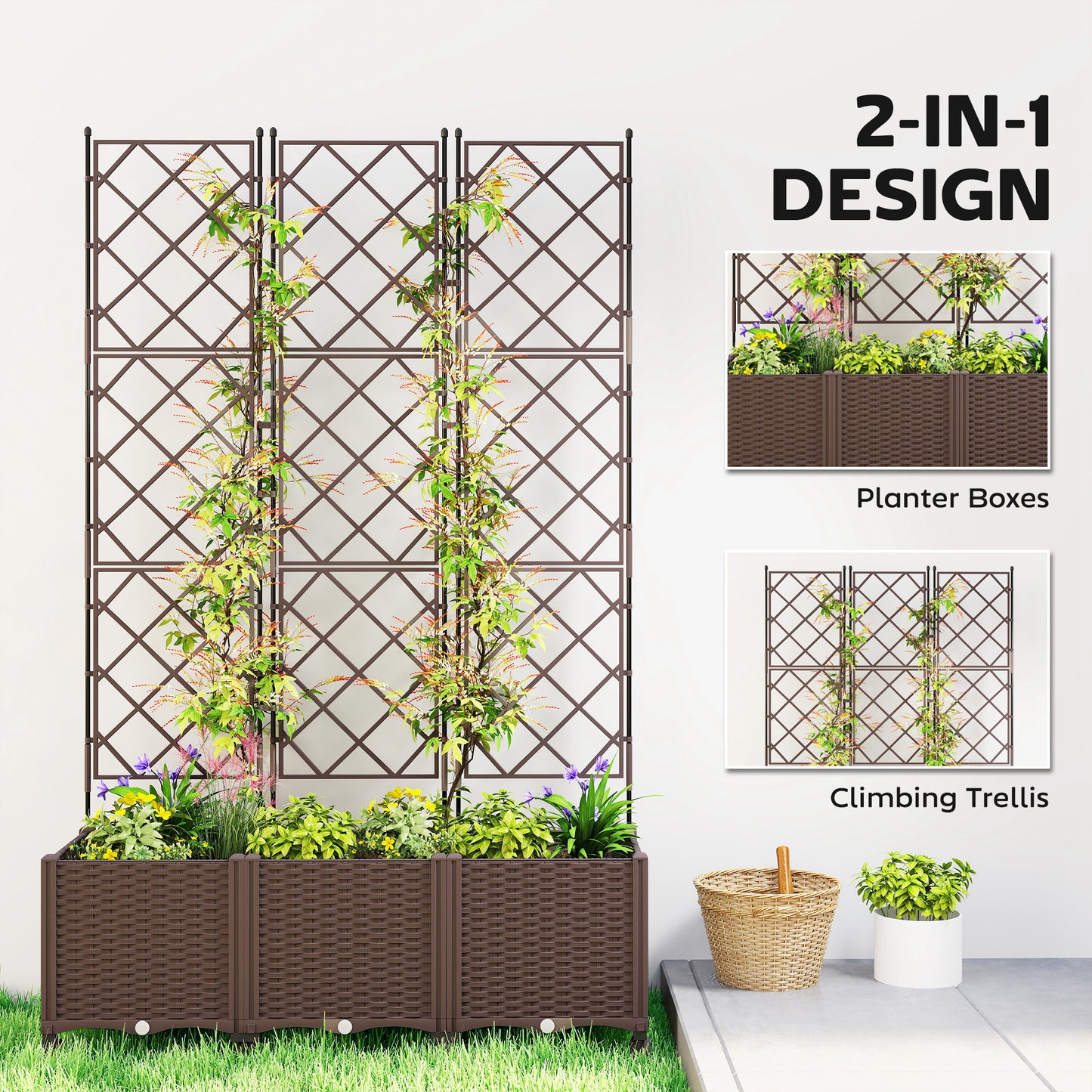 Outsunny Plastic Raised Planter With Trellis And Self Watering System On Wheels With Drainage Holes And Plugs
