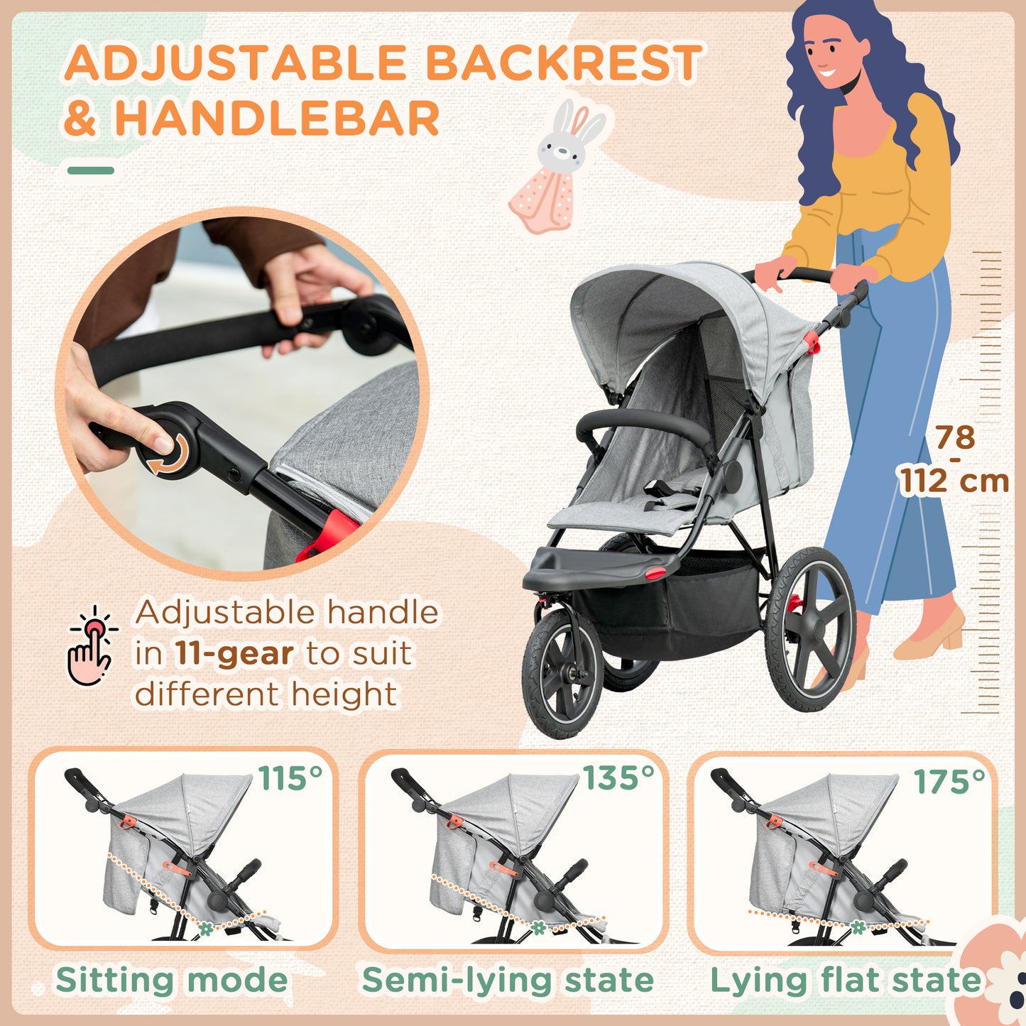 HOMCOM Compact Foldable Three-Wheel Toddler Stroller with Adjustable Canopy and Storage Basket - Grey - ALL4U RETAILER LTD