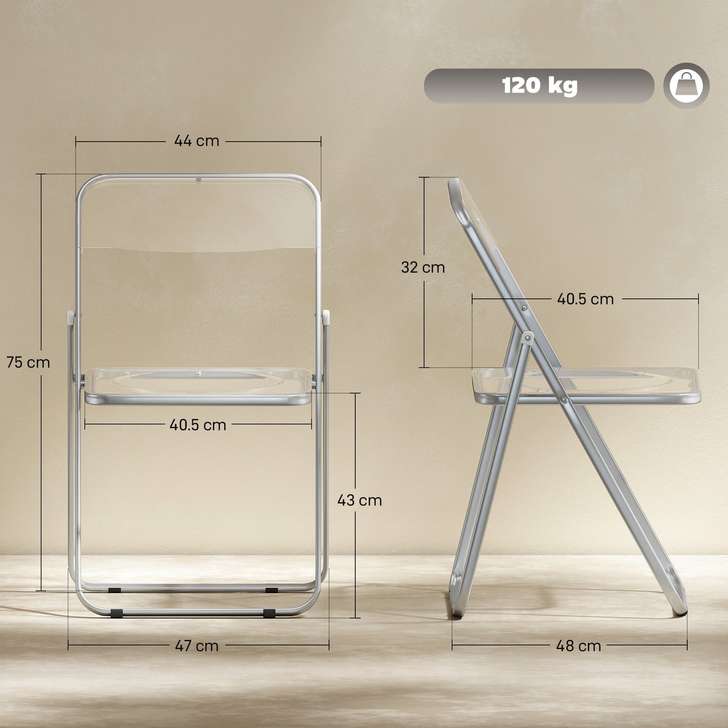 HOMCOM Acrylic Folding Chairs Transparent Seat and Backrest Space Saving Heavy Duty Steel Frame 47W x 48D x 75H cm