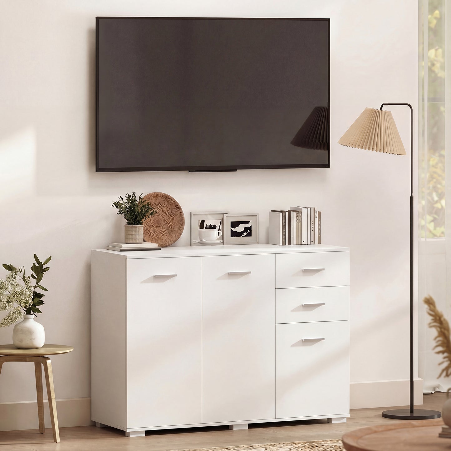 HOMCOM White Sideboard Cabinet With 2 Drawers 3 Doors And Adjustable Shelves For Modern Storage