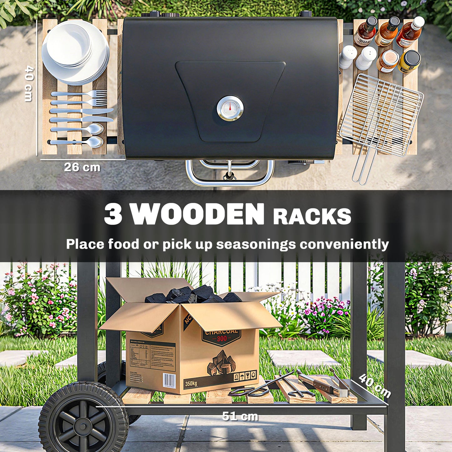 Outsunny Charcoal BBQ Grill With Height Adjustable Charcoal Pan And Warming Rack 3 Shelves Temp Gauge And Wheels