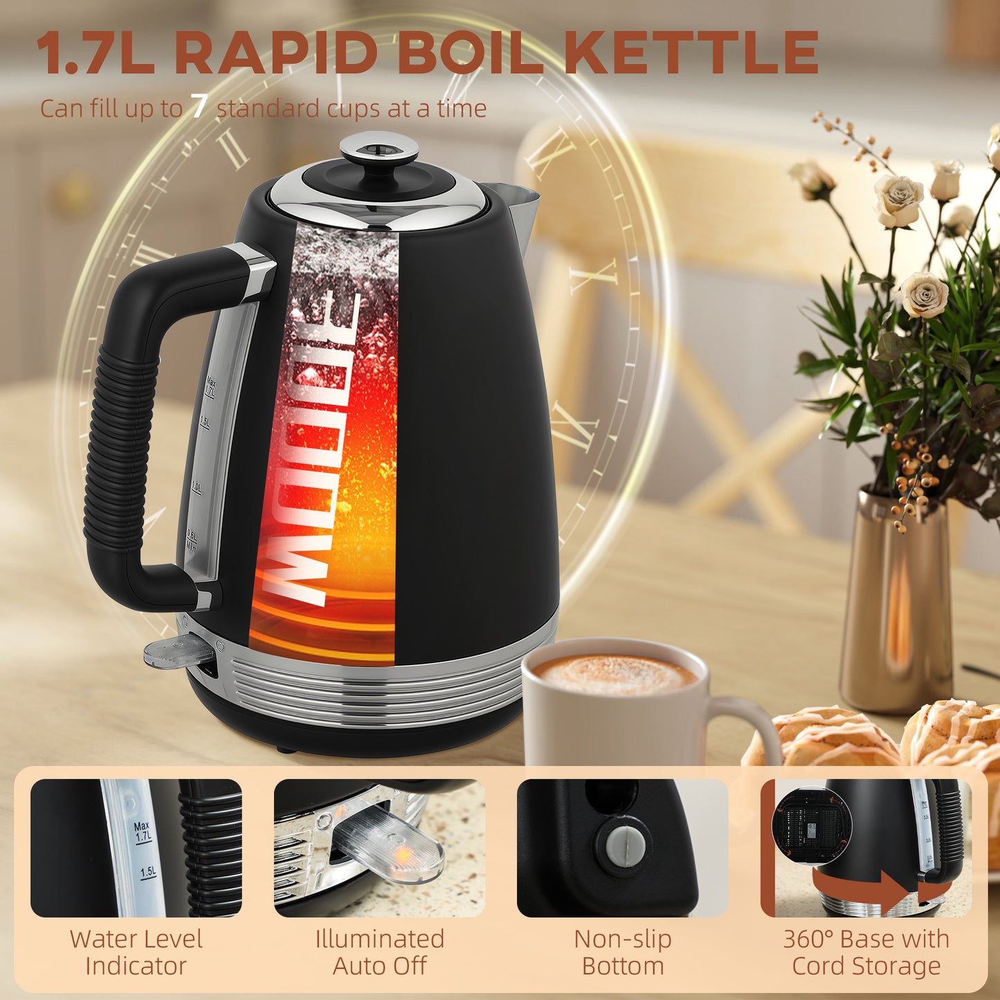 HOMCOM Stainless Steel Panel Kettle And Four Slot Toaster Set Black With 1.7L Kettle UK Strix Thermostat Auto Shut Off