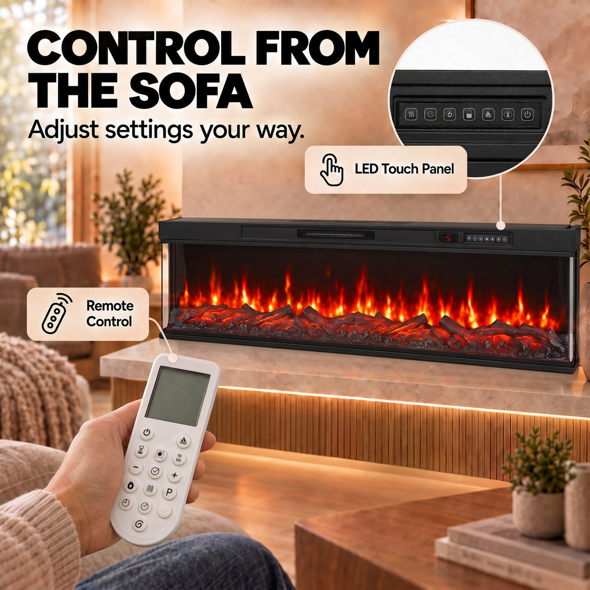 Electric fireplace insert with panoramic flames, LED touch panel, and handheld remote