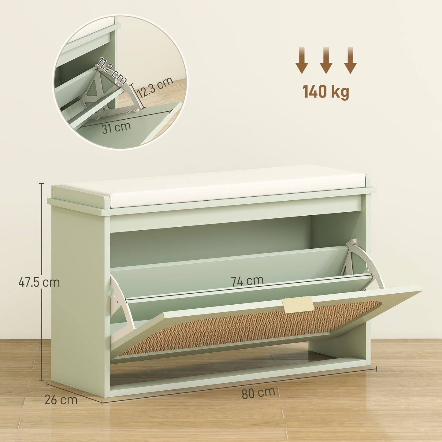 HOMCOM Boho Shoe Bench With Padded Seat And Flip Drawer Linen Feel Fabric Entryway Storage In Light Green