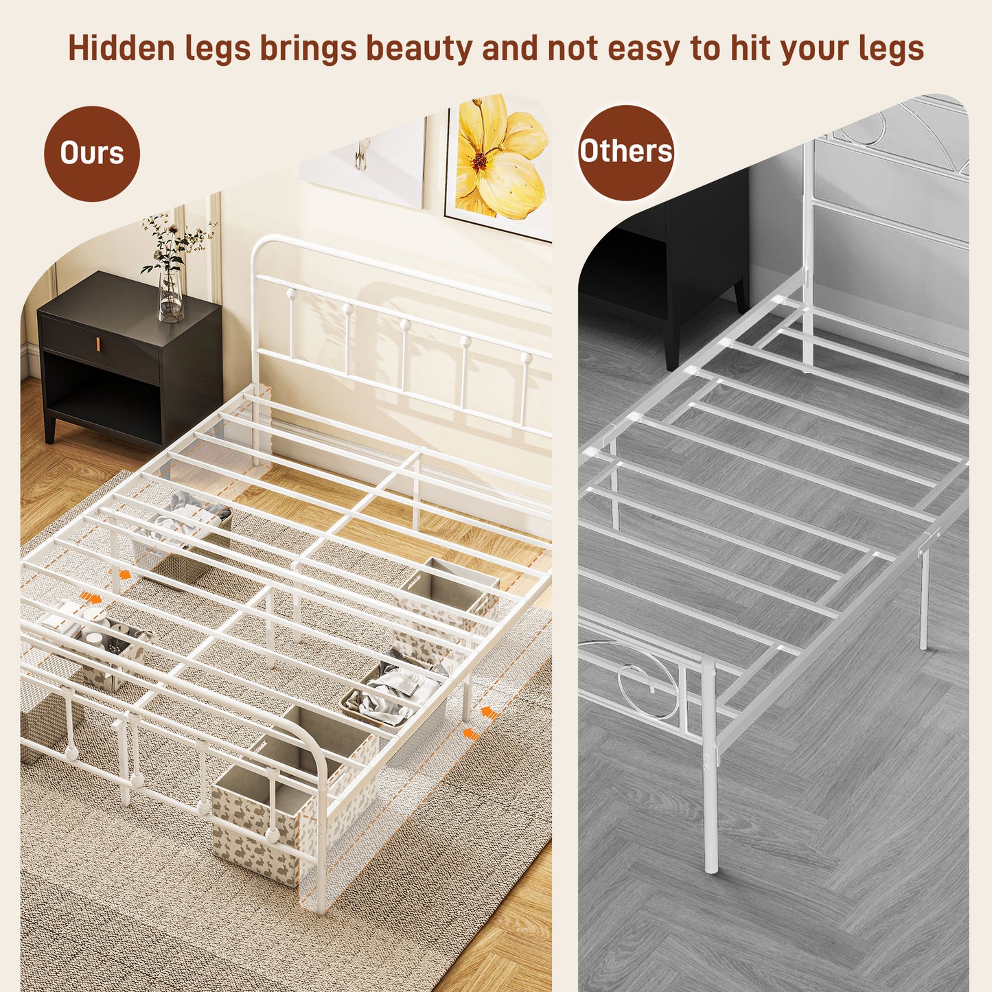 HOMCOM 4ft Minimalist Double Bed Frame with Storage and High Headboard - White Steel Slat Design, No Box Spring Needed, Easy Assembly - ALL4U RETAILER LTD