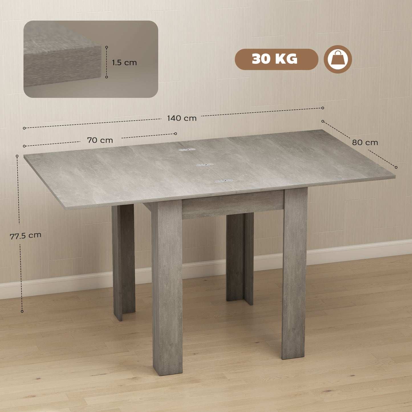 HOMCOM Extendable Folding Dining Table for 4 to 6 Guests, Rectangular Drop Leaf, 140 x 80 x 77.5 cm, Grey