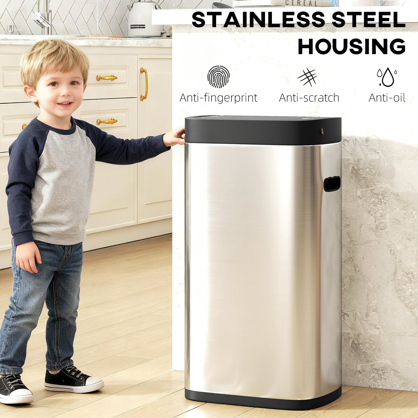 HOMCOM 50L Sensor Bin Automatic Touchless Kitchen Bin With Manual Override Battery Operated Inner Bucket Free