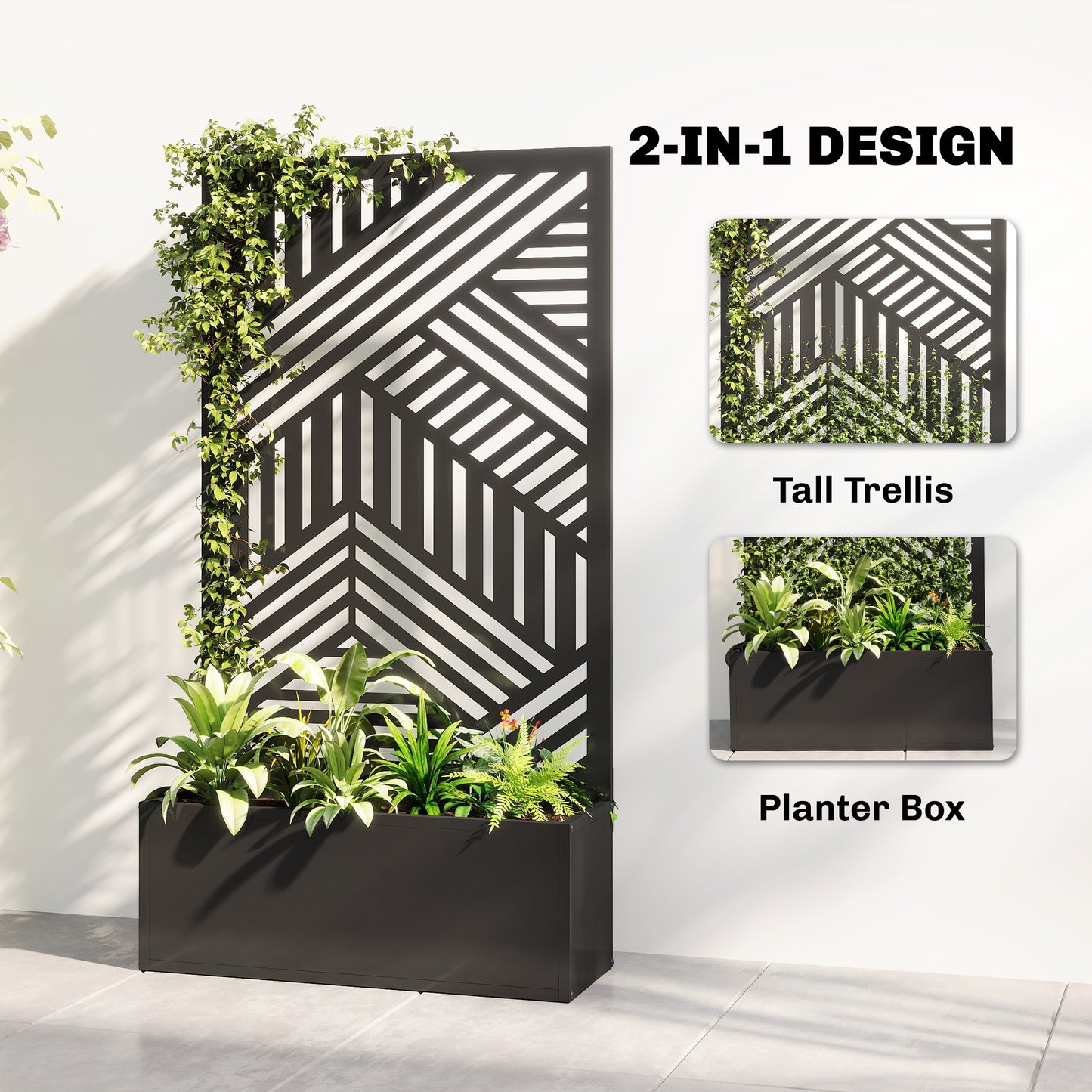Outsunny Metal Raised Garden Bed With Trellis And Privacy Screen, Geometric Slatted Cut Out Planter Box