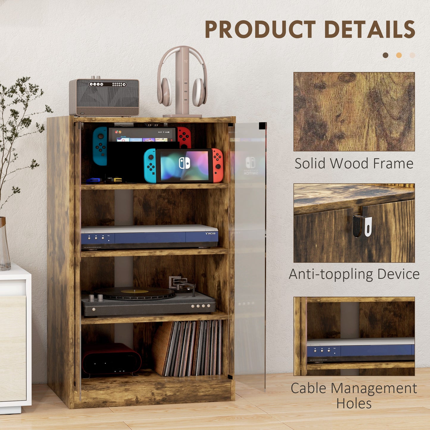 HOMCOM 4 Tier HiFi Record Player Stand With Adjustable Shelves And Push To Open Glass Doors Rustic Brown
