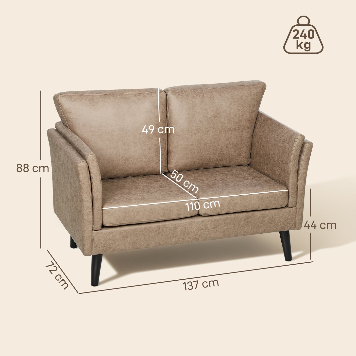 HOMCOM Leathaire Two Seater Sofa Loveseat Light Brown With High Density Foam Cushions