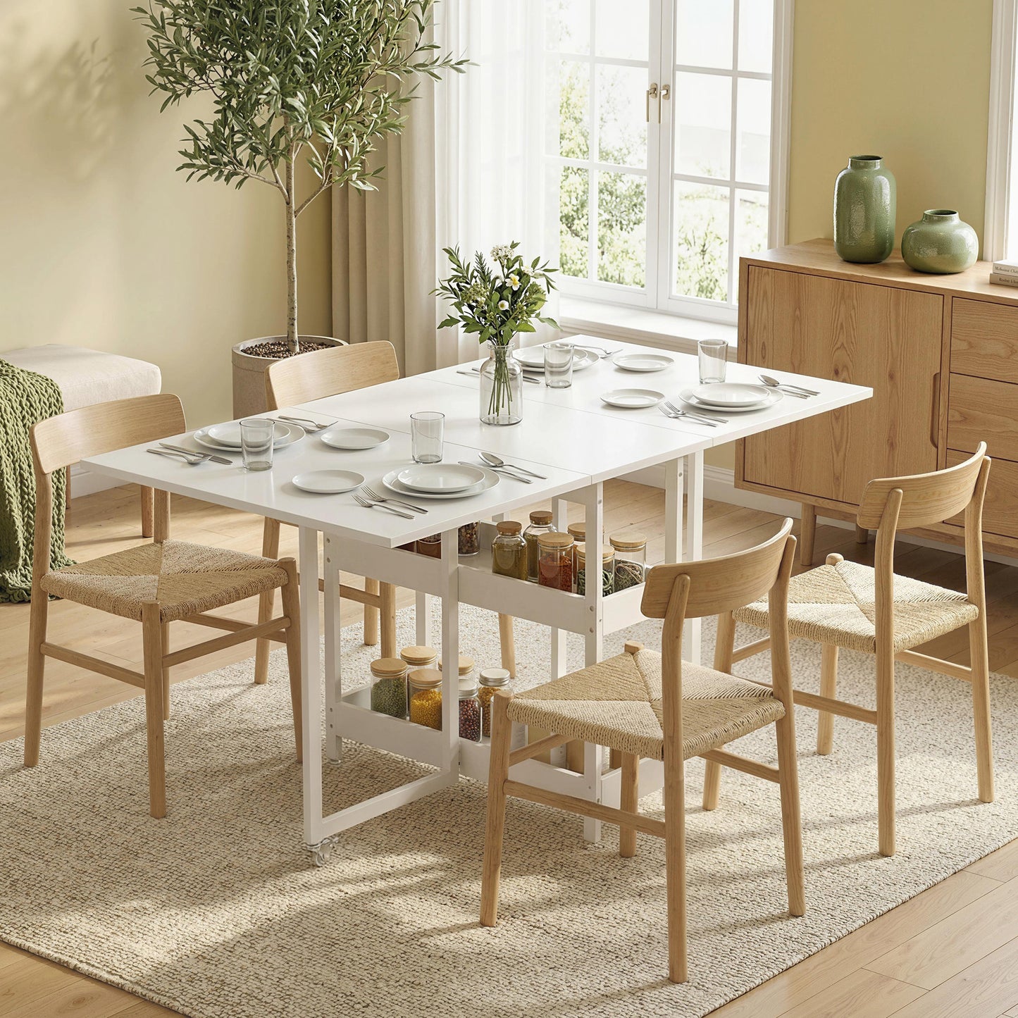 HOMCOM Four Person Drop Leaf Dining Table In White With Metal Frame And Sturdy Particle Board Panels