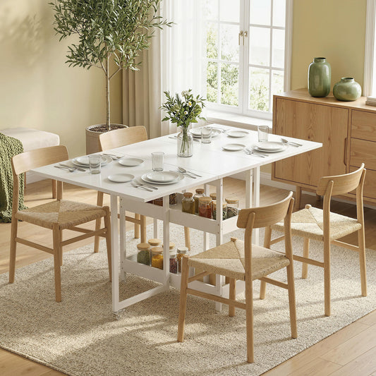 HOMCOM Four Person Drop Leaf Dining Table In White With Metal Frame And Sturdy Particle Board Panels