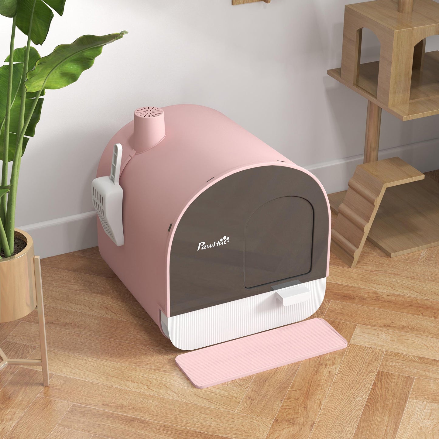 PawHut Enclosed Cat Litter Box with Lid and Scoop - Pink Litter Tray for Kittens - ALL4U RETAILER LTD