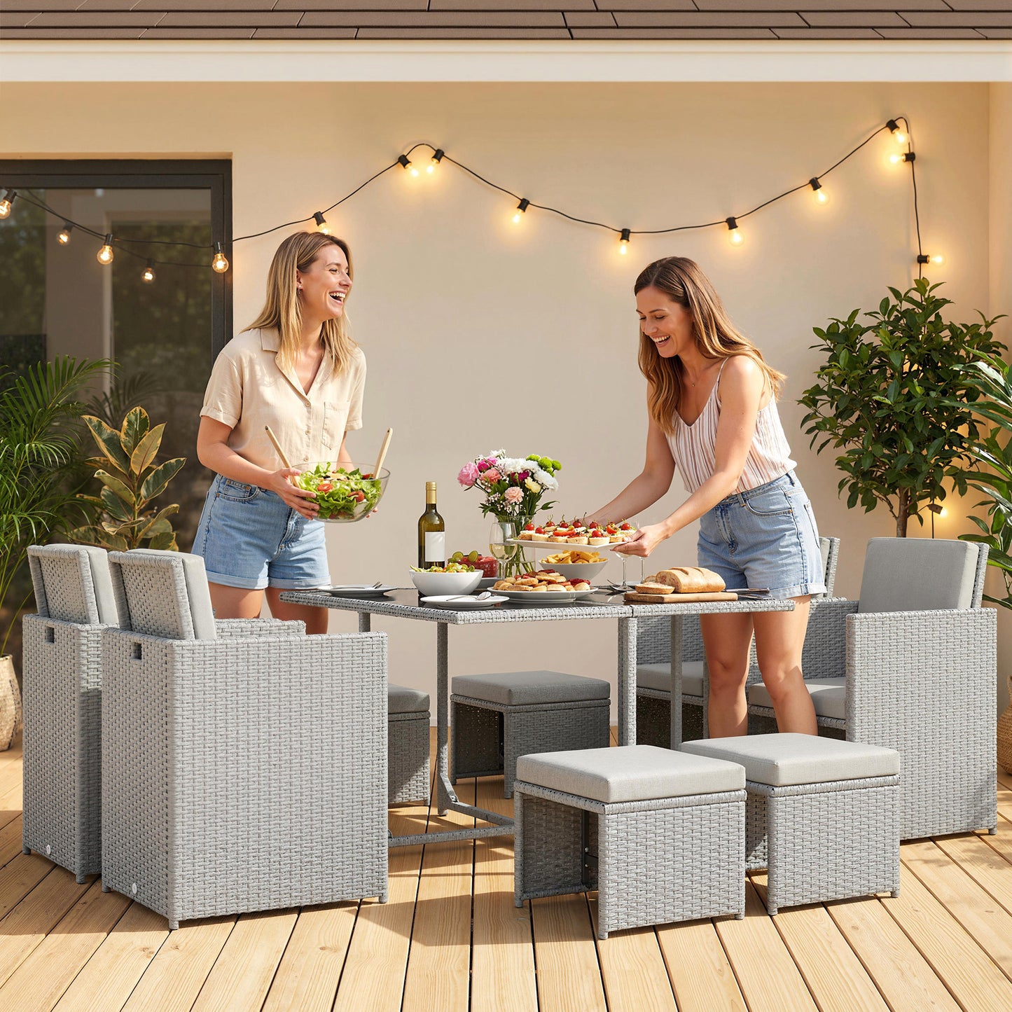 Outsunny 9 Piece Rattan Cube Garden Furniture Dining Set With Armchairs, Footstools And Glass Top Table In Light Grey