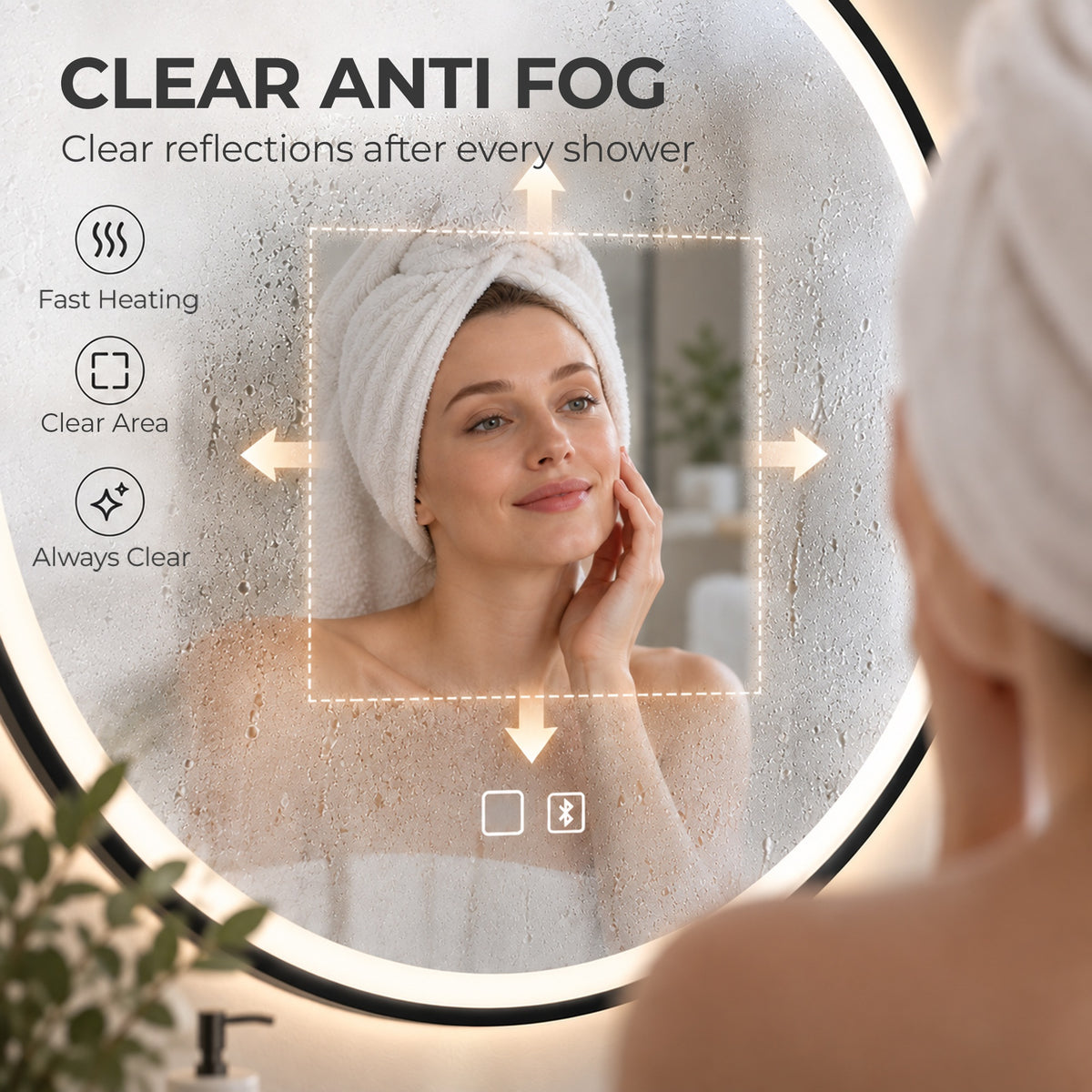 Round LED bathroom mirror with clear anti-fog heated reflection feature