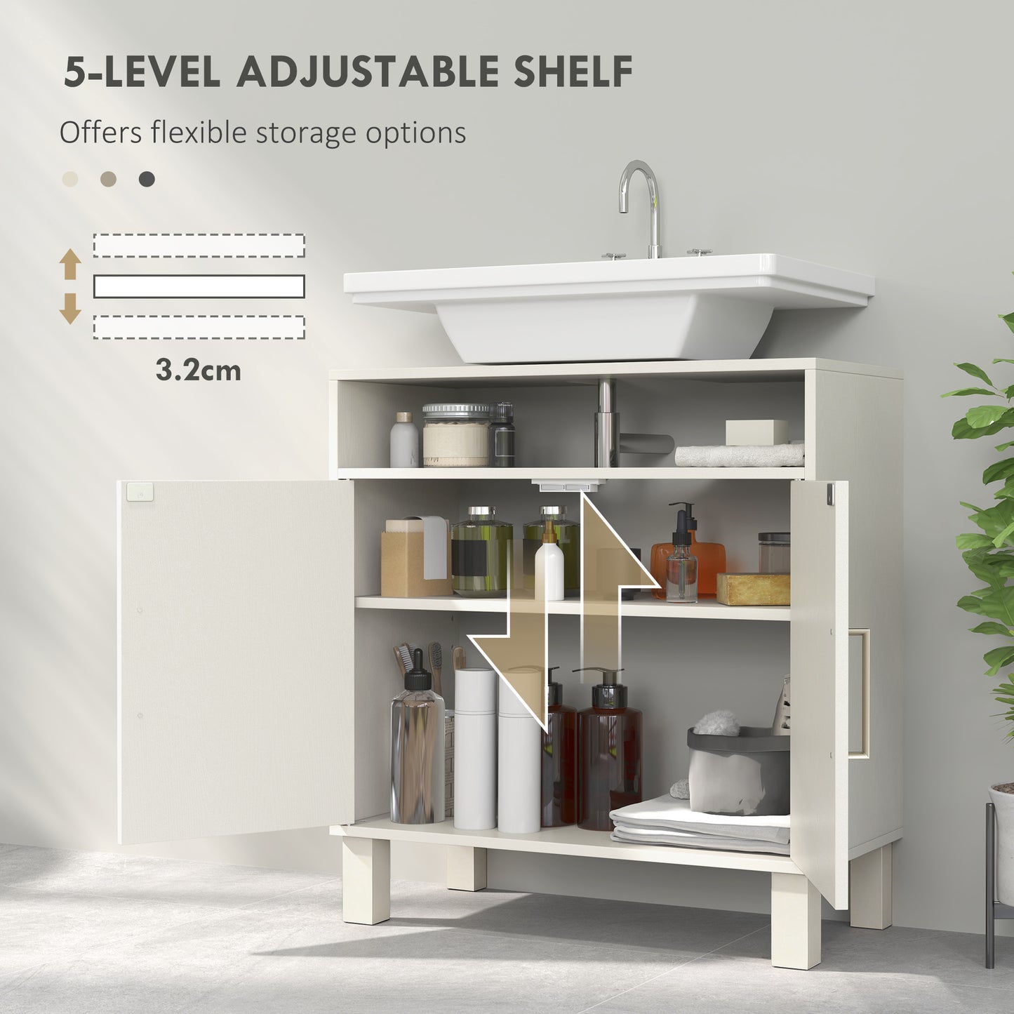 HOMCOM Under Sink Cabinet For Basin Without Pedestal Cream White With Open Shelf And Two Tier Adjustable Shelving