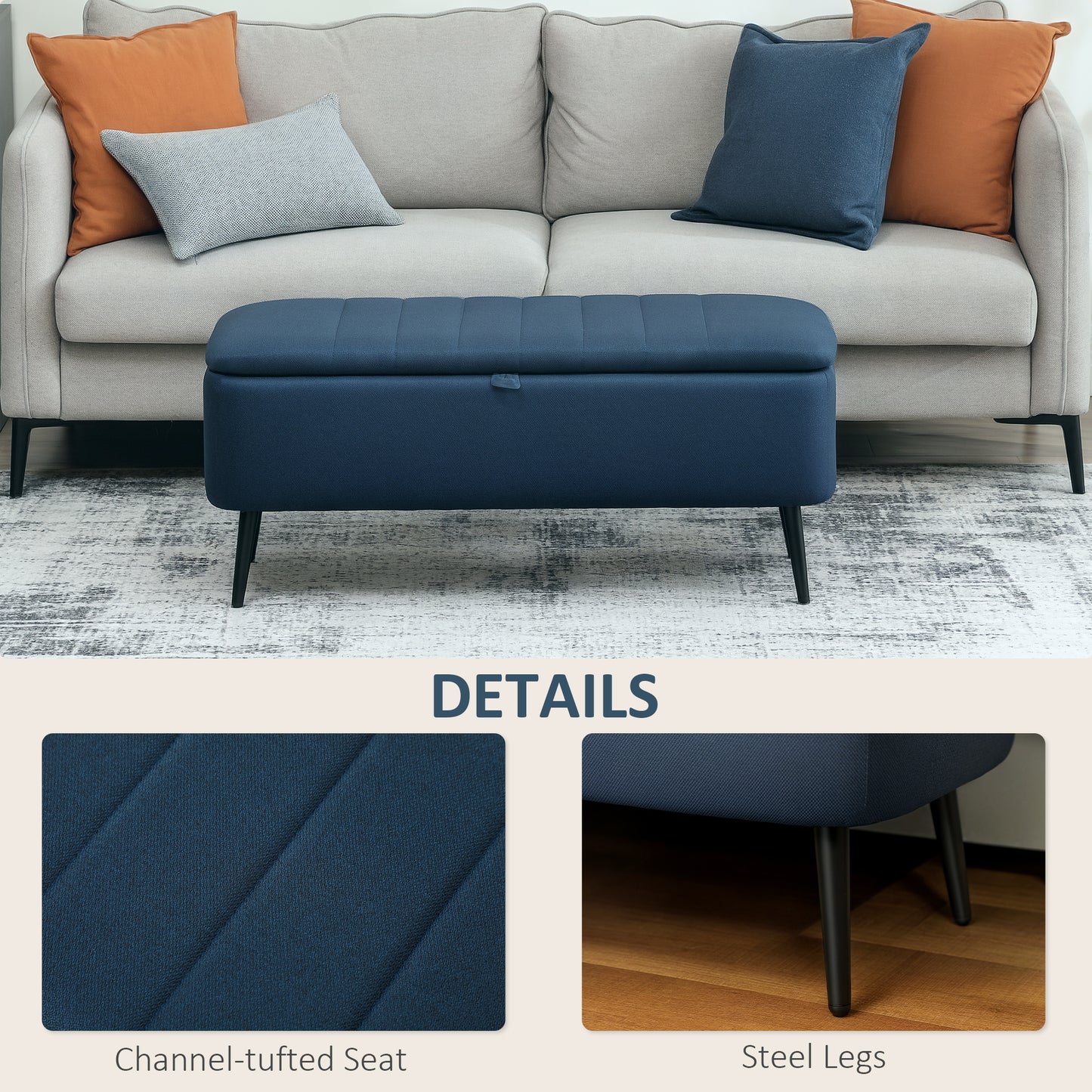 HOMCOM Linen-Look Storage Ottoman 92 x 31 cm with Padded Lid Dark Blue for Living Room and Bedroom