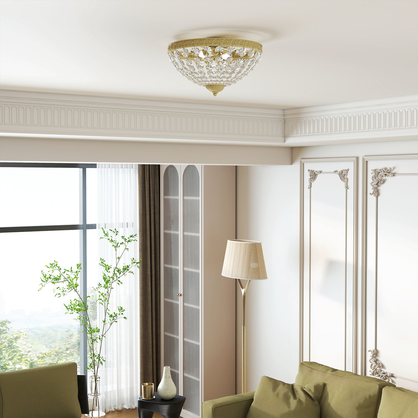 HOMCOM Crystal Chandelier Ceiling Light 168 Octagonal Beads Vintage Two Light Flush Mount Gold Tone For Living Room