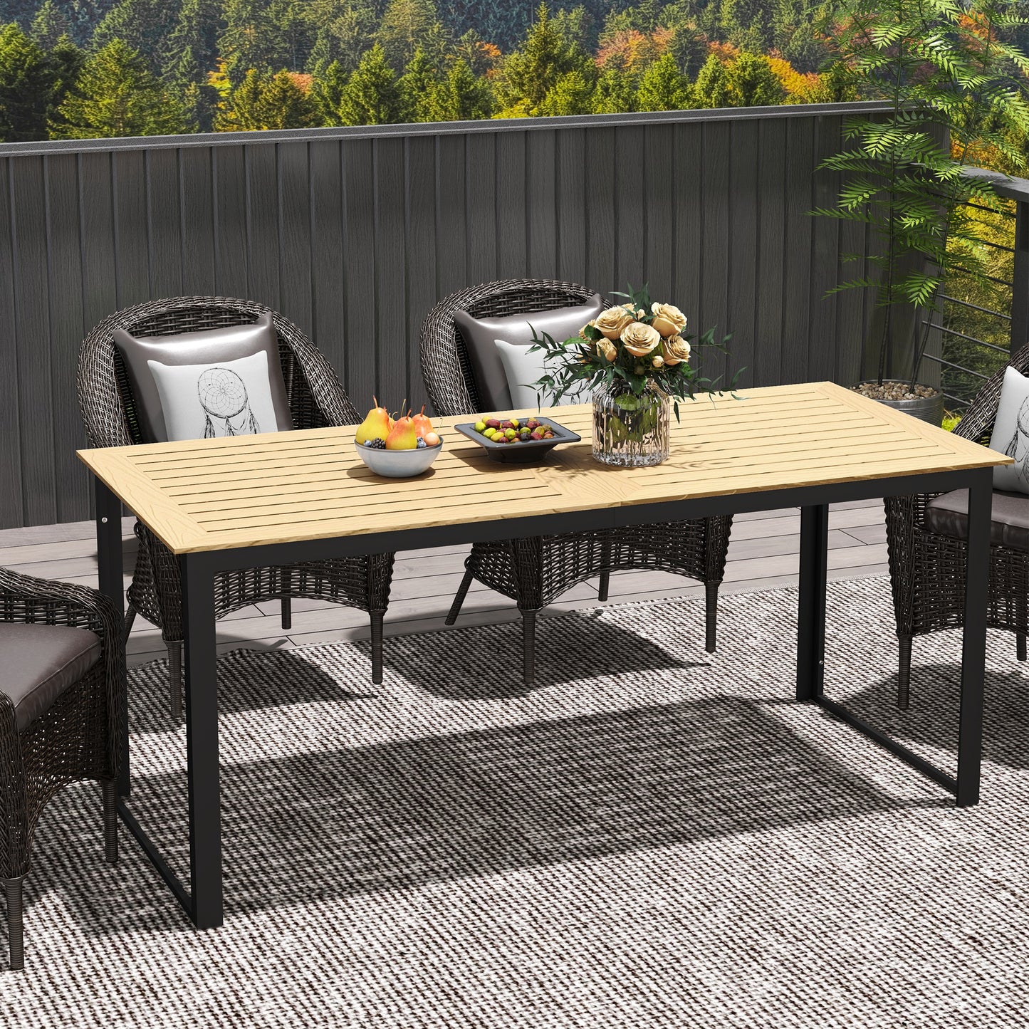 Outsunny 6 Person Outdoor Dining Table Rectangular With Slatted Top And Metal Frame 175x78x75 cm For Balcony Deck Teak