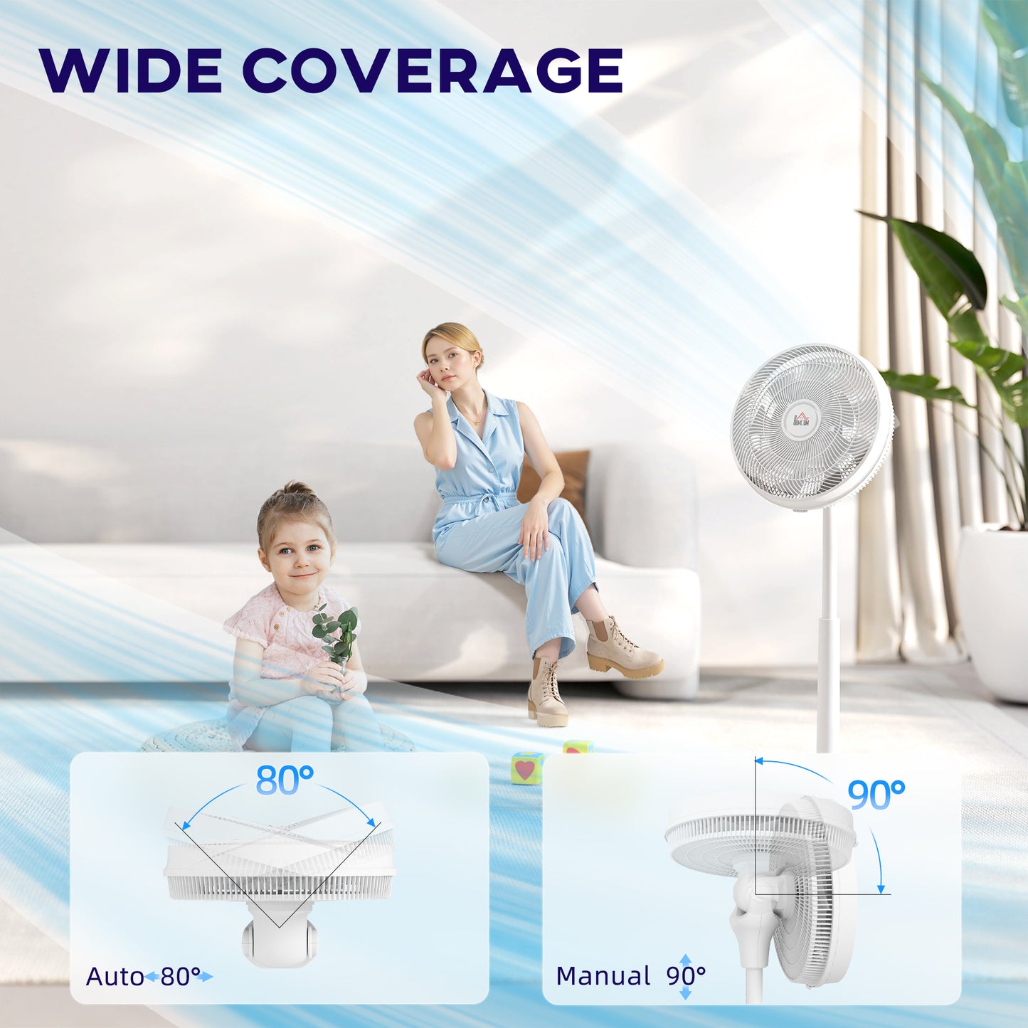 HOMCOM Pedestal Fan With Oscillation And Tilt Adjustable Height DC Motor Remote 12 Speeds Sleep Mode White