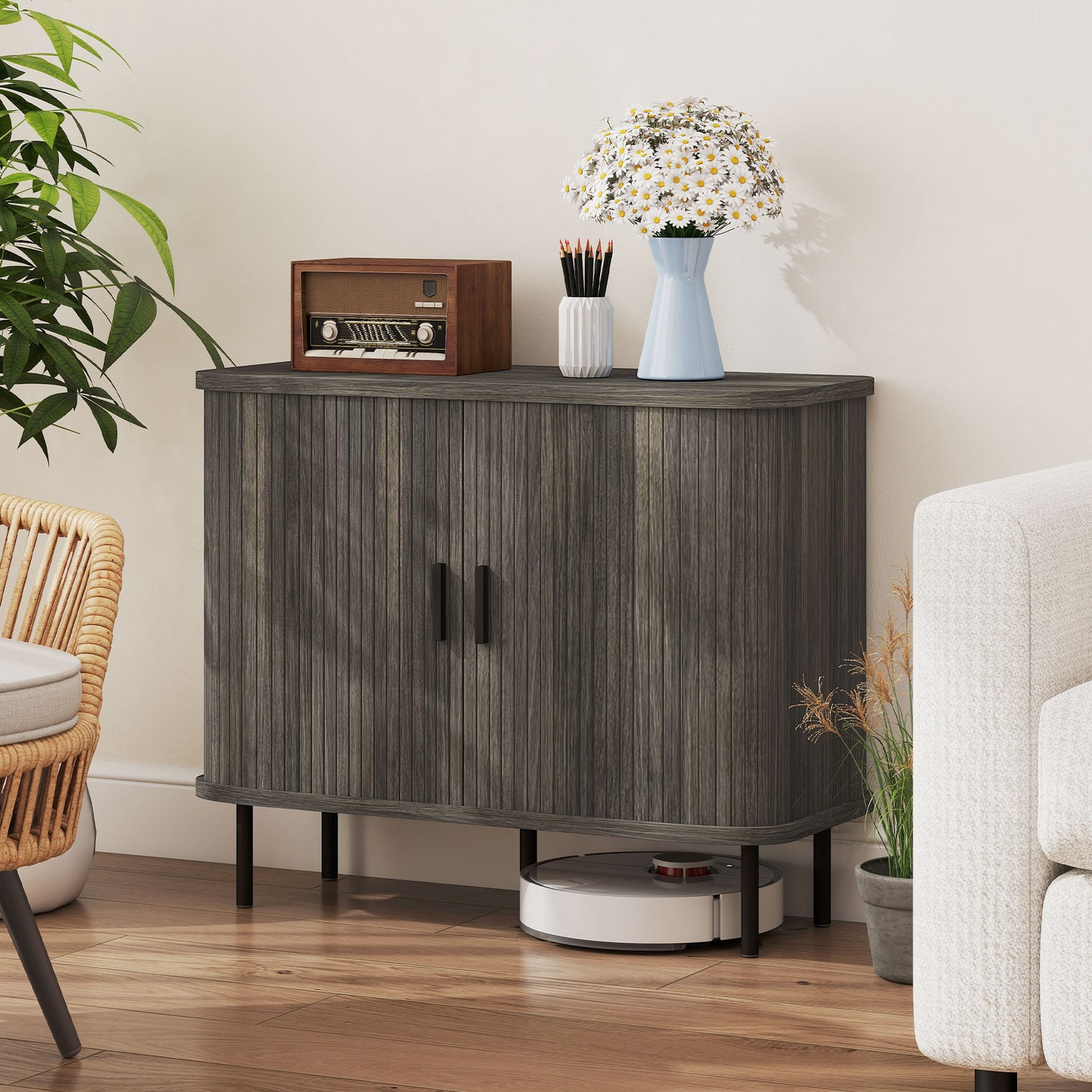 HOMCOM Mid Century Modern Sideboard Storage Cabinet With Slatted Tambour Doors Grey Kitchen Unit With Steel Legs
