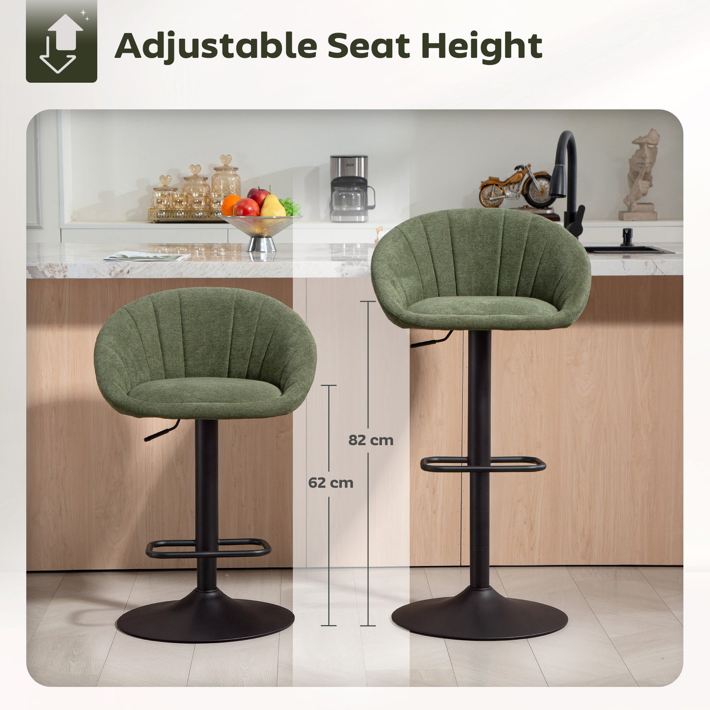 HOMCOM Set of Two Relaxed Tub Bar Stools Dark Green Adjustable Height 62 to 82 cm 360 Degree Swivel Seats