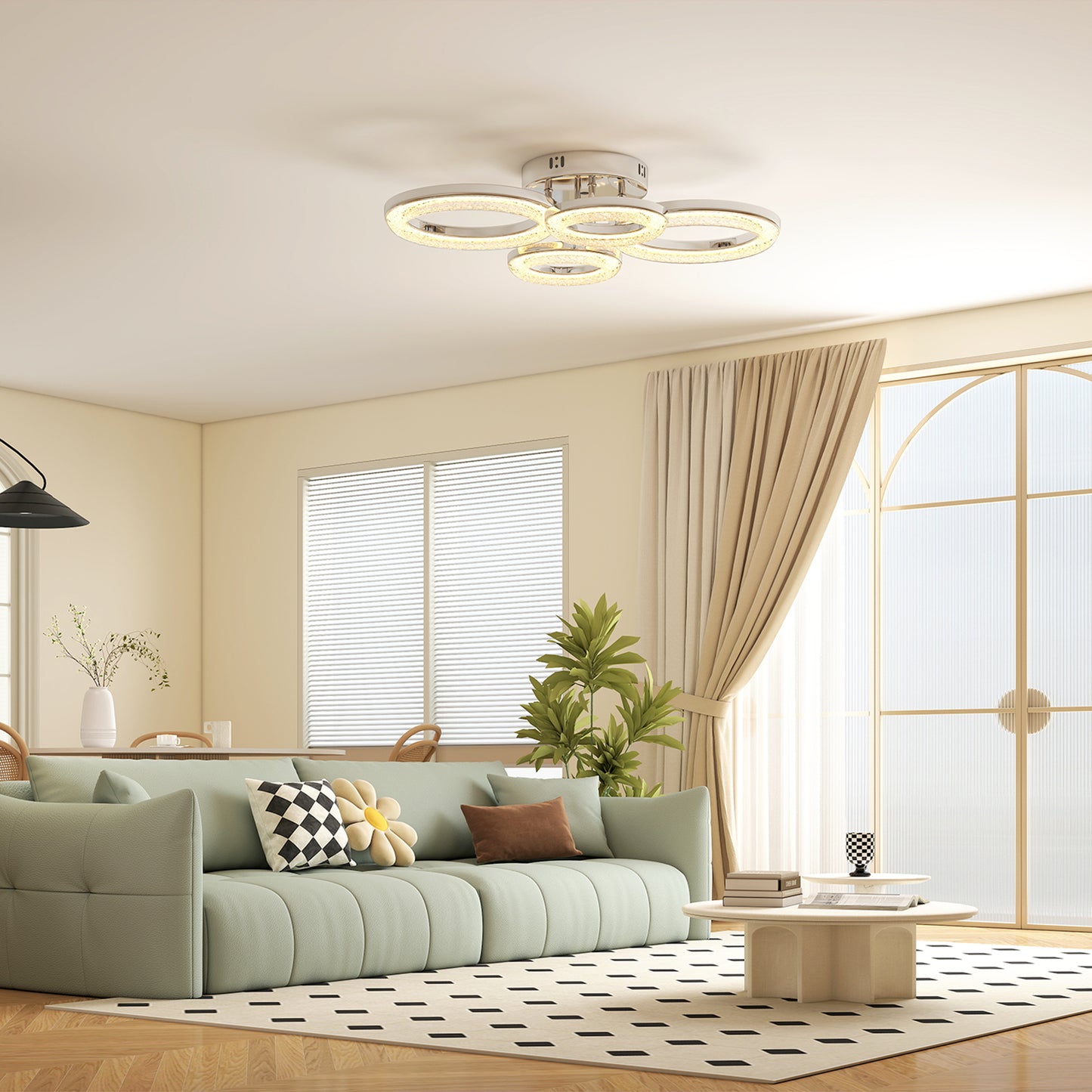 HOMCOM LED Ceiling Light 4 Ring Flush Mount With Wall Switch Control 40W 4350lm 3500K 4500K 6000K Silver