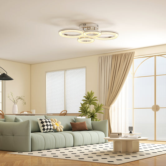 HOMCOM LED Ceiling Light 4 Ring Flush Mount With Wall Switch Control 40W 4350lm 3500K 4500K 6000K Silver