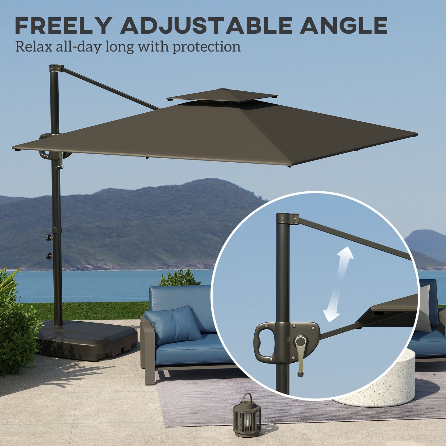 Outsunny Cantilever Parasol With Weighted Base Double Top Square Hanging Patio Umbrella Crank Tilt Dark Grey