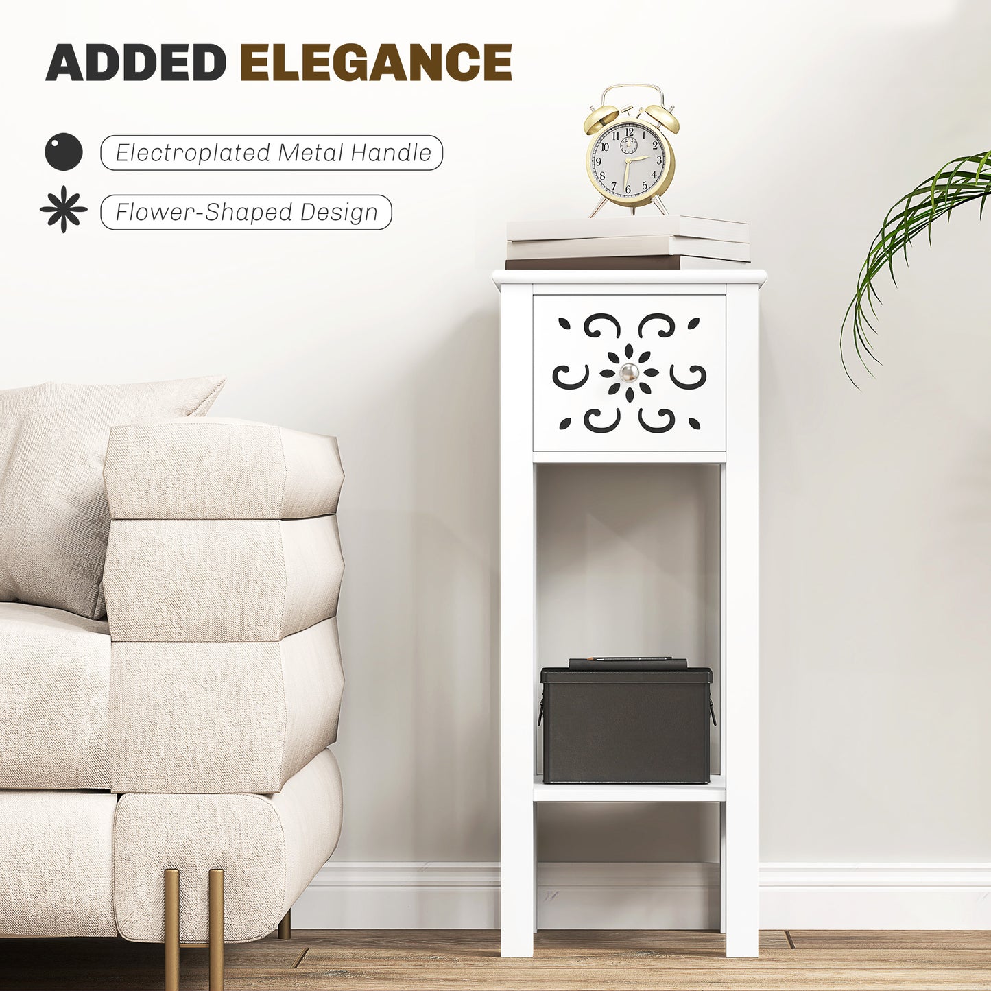 HOMCOM Set of Two Elegant Floral Cutout Side Tables in White with Drawers and Shelves