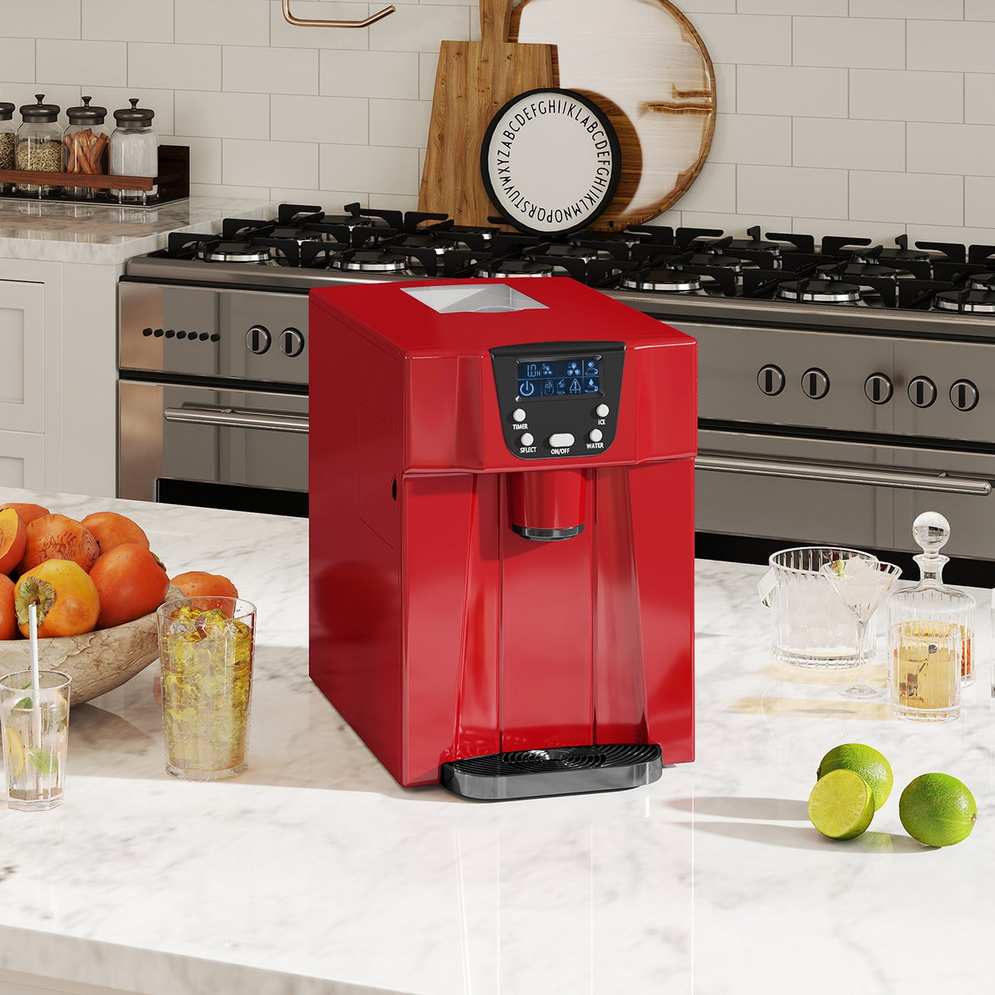 HOMCOM 3L Ice Maker and Water Dispenser Red, Produces 12kg Ice in 24 Hours, Cube Sizes, 9 Cubes Ready in 6-10 Minutes
