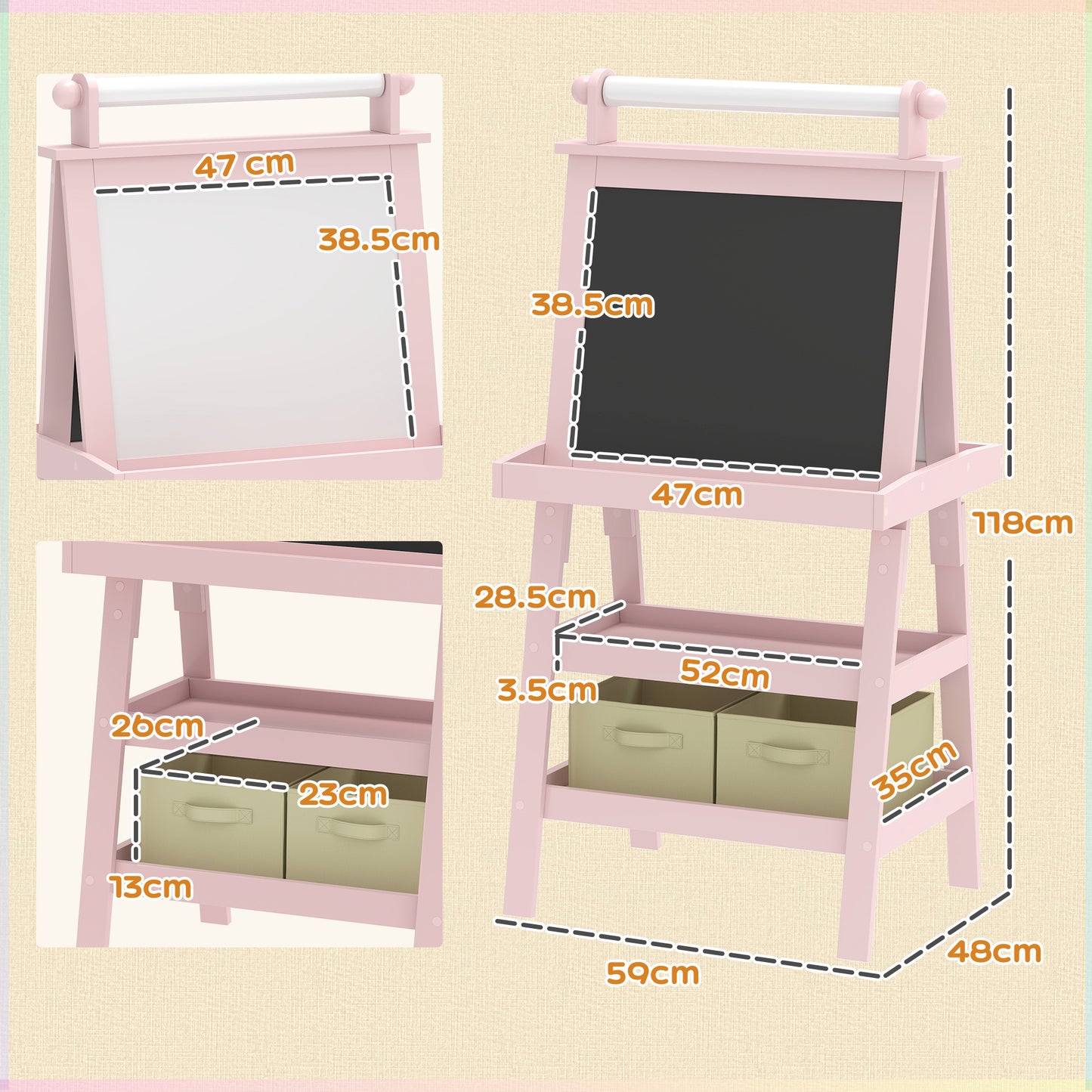 AIYAPLAY 3 In 1 Kids Easel Double Sided Magnetic Whiteboard And Chalkboard With Paper Roll And Storage Baskets Pink