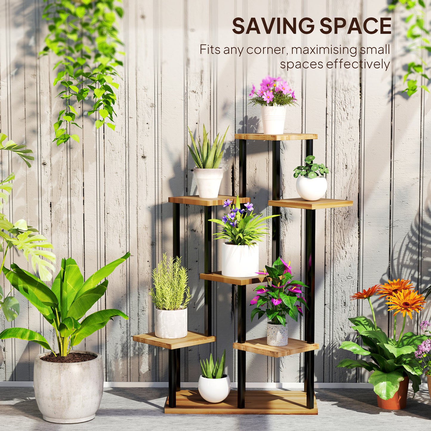 Outsunny Seven Shelf Wooden Plant Stand For Corner Decor With Staggered Shelves Holds Seven Plants