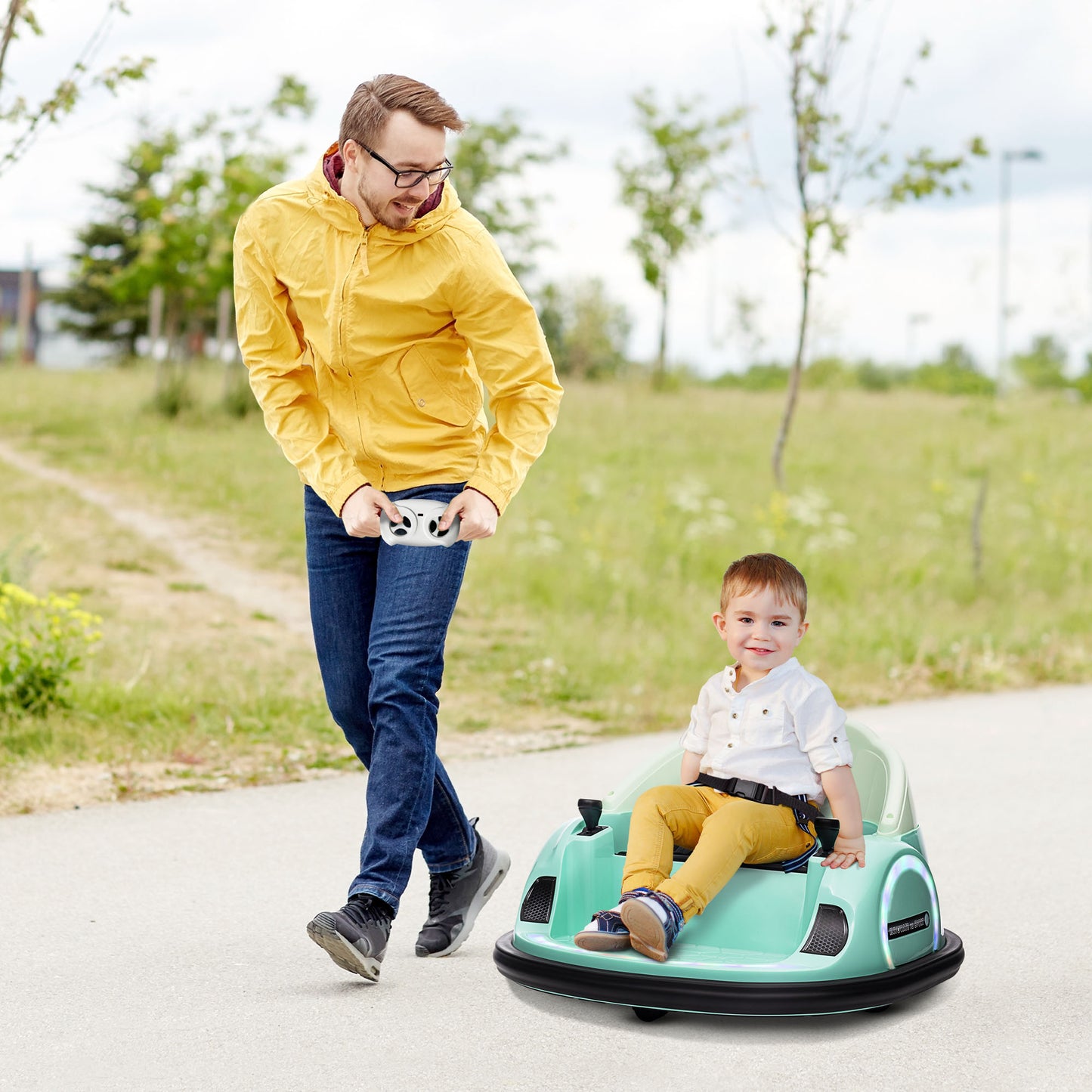 AIYAPLAY 360° Rotating Bumper Car for Kids - Remote Control, LED Lights & Music | Green