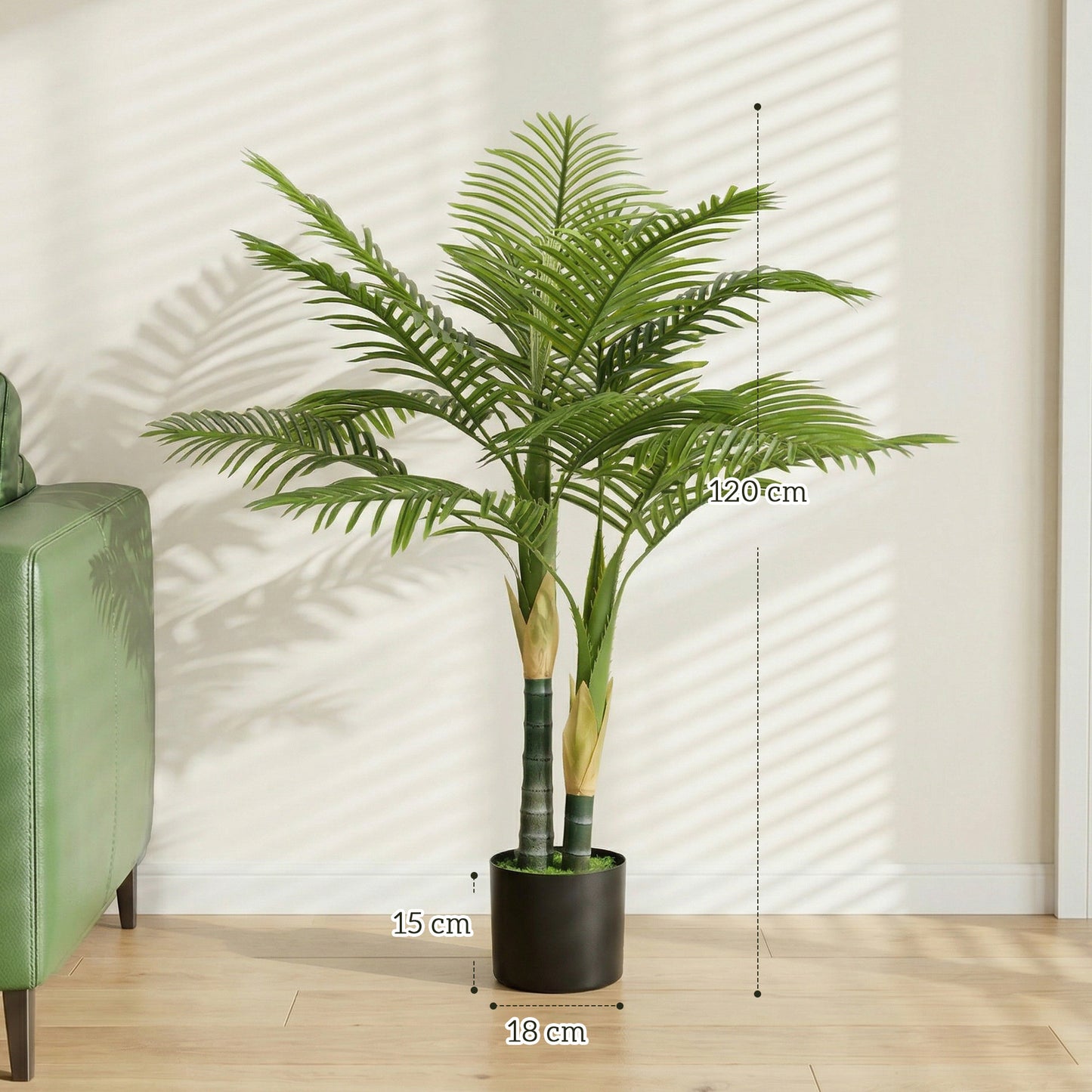 HOMCOM 120cm Artificial Palm Tree With 14 PEVA Leaves In Pot Decorative Plant With Moss Effect Green