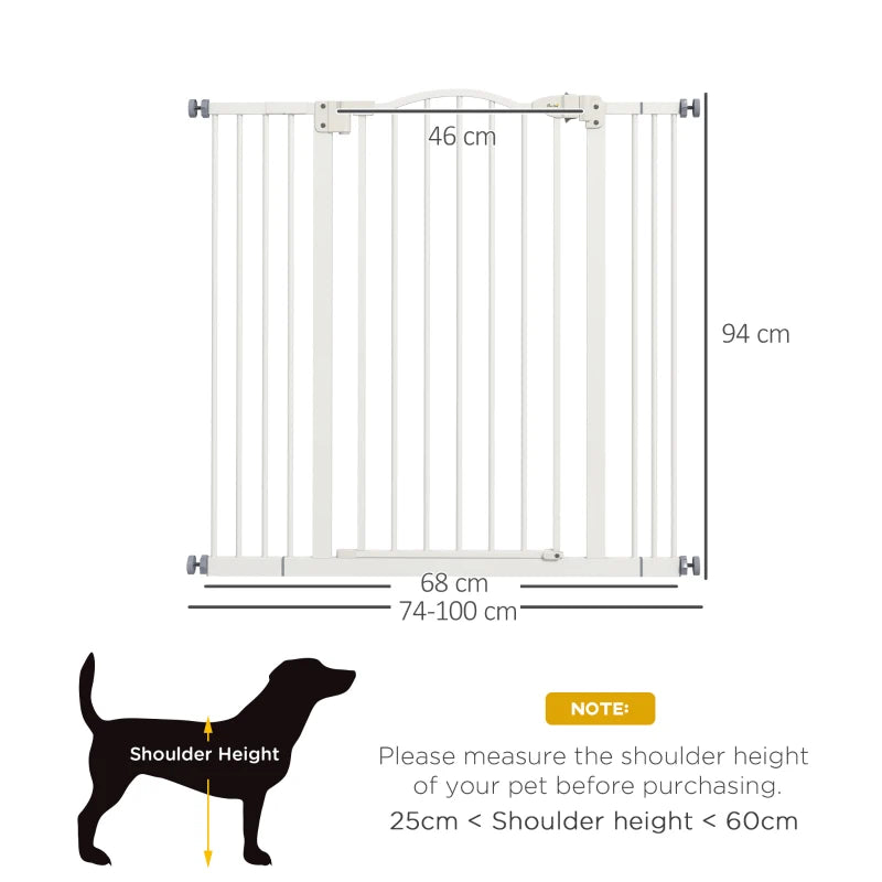 PawHut Pressure Fit Dog Stair Gate - No Drilling Safety Gate with Auto Close for Doorways and Hallways - Adjustable 74-100cm Width, 94cm Height - White - ALL4U RETAILER LTD