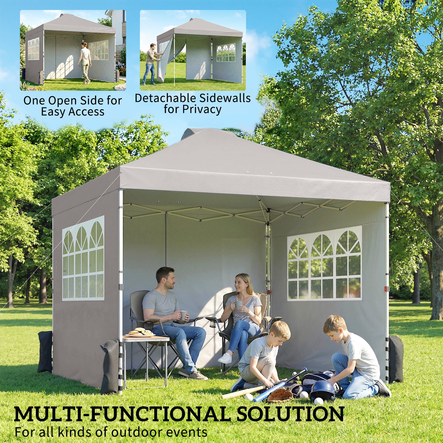 Outsunny Pop Up Gazebo 3x3m Waterproof UV50 Plus Canopy With Adjustable Height And 3 Sidewalls In Grey And Wheeled Bag