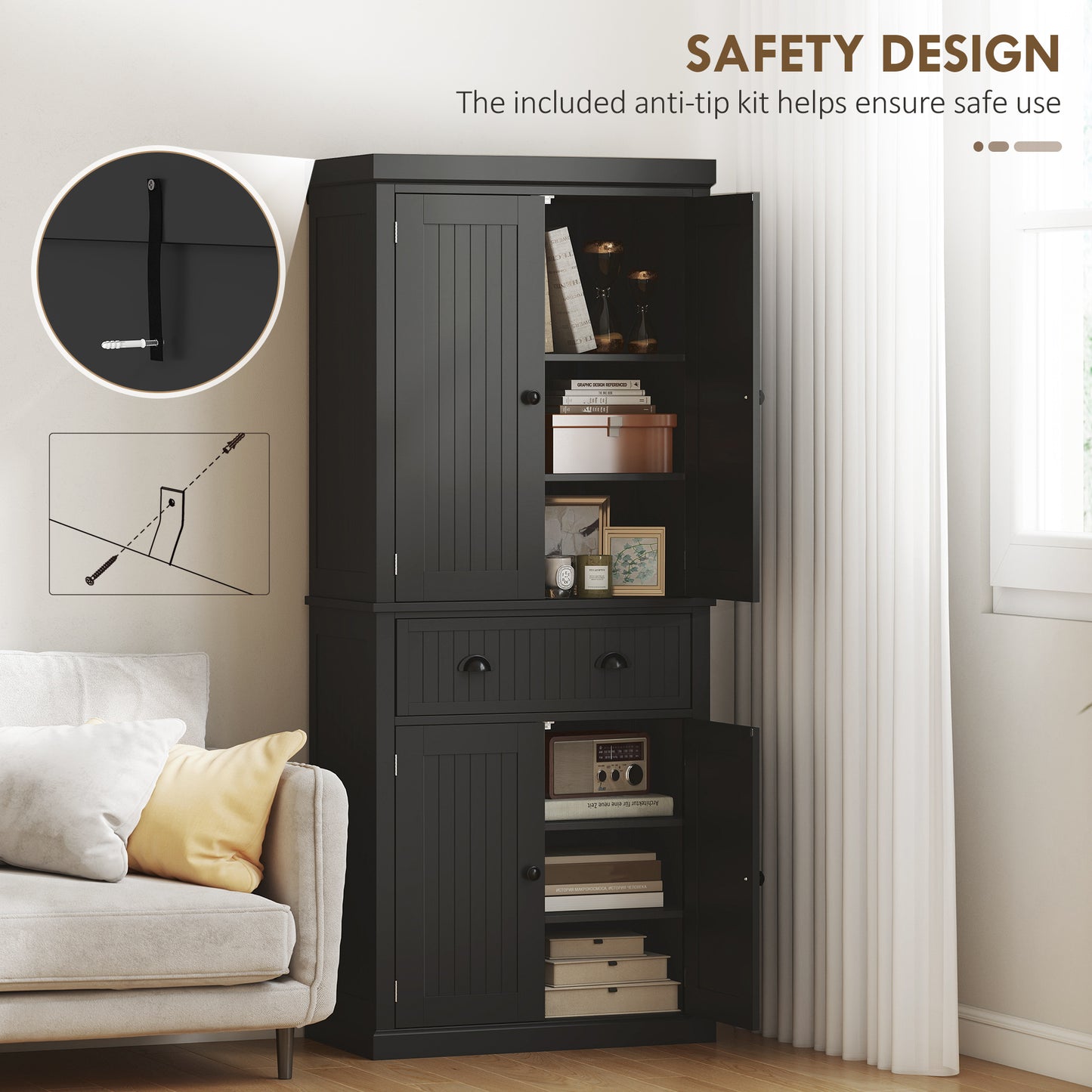 HOMCOM Kitchen Storage Cabinet with 4 Doors and Adjustable Shelves Tall Larder Pantry in Black MDF Construction