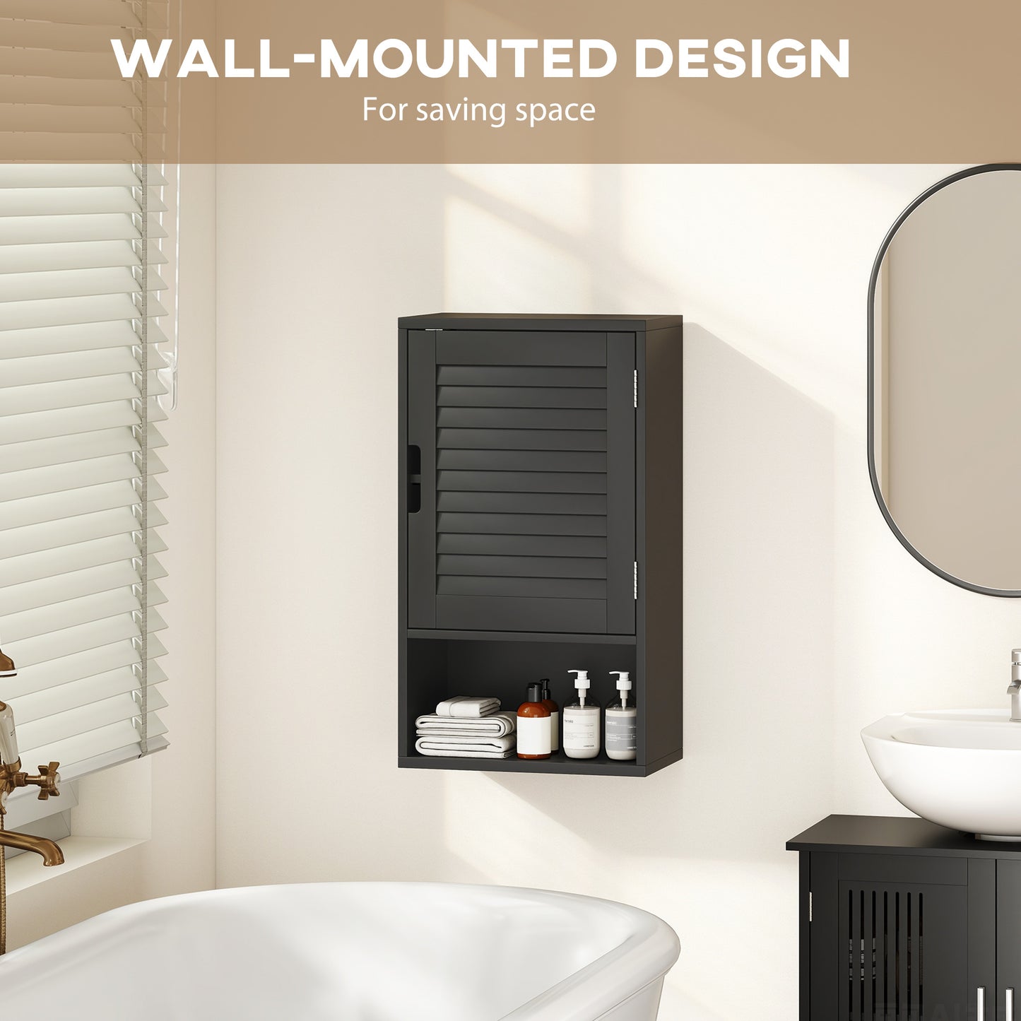HOMCOM Wall Mounted Bathroom Cabinet With Adjustable Shelves Black 40 x 20 x 60 cm Space Saving Storage