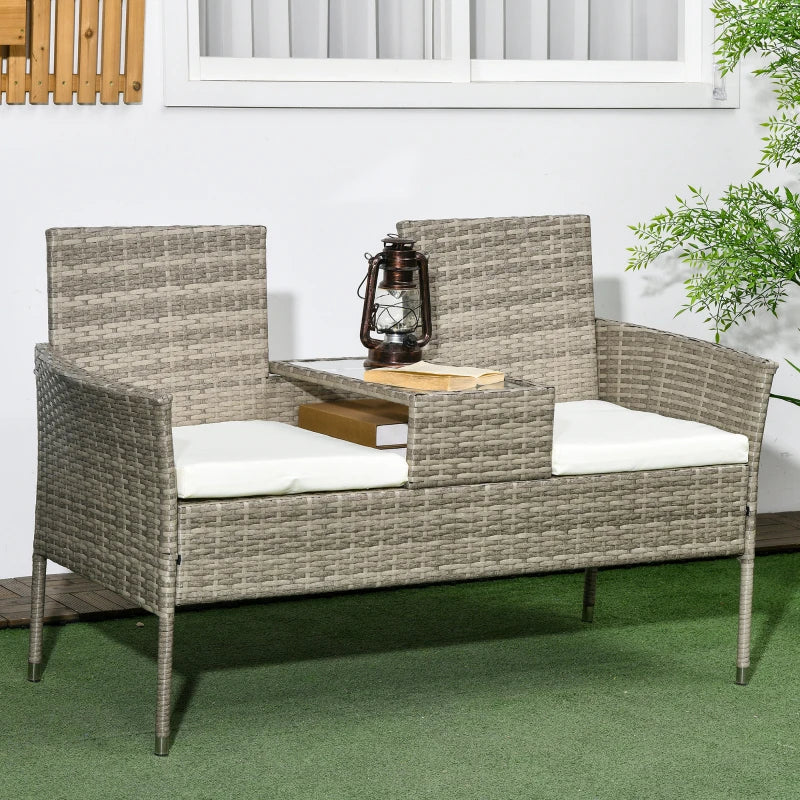 Outsunny Rattan Garden Bench w/ Glass Tea Table, Wicker Chair w/ Cushions, Grey - ALL4U RETAILER LTD