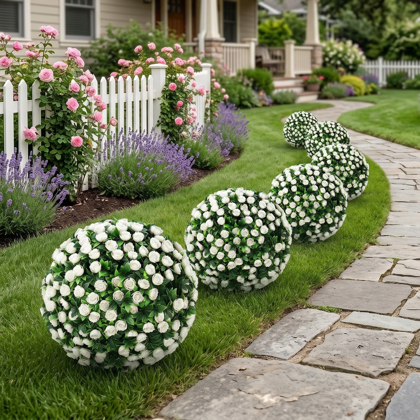 HOMCOM Artificial Rose Topiary UV Resistant 2 Pack Outdoor Garden Decor 55 cm White