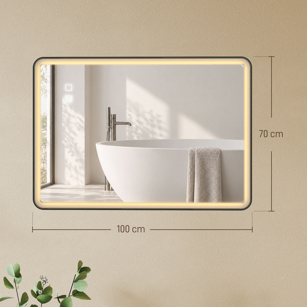 Rectangular LED bathroom mirror with warm light border and anti-fog frame